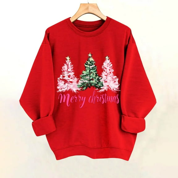 Sakmal Sweatshirts for Women Christmas Crew Neck Red Tops Cute Christmas Trees Sweatshirt for Women