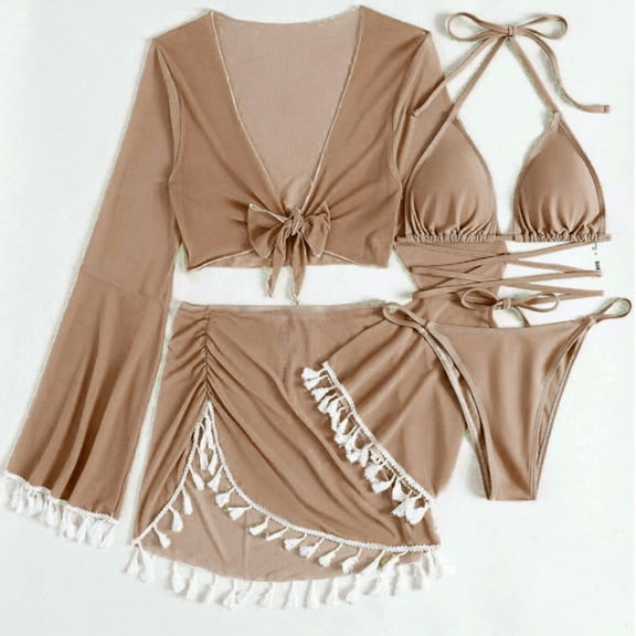 Sakmal Swimsuit Bikinis 4 Piece Brown High Waisted Swimwear Padded Halter Push Up Triangle Swimsuit Sets