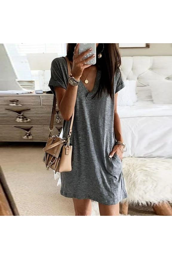T Shirt Casual Dresses for Women Petite Mini Dress Short Sleeve V Neck Dresses with Pockets
