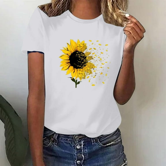 Sakmal T Shirts for Women Crew Neck Short Sleeve Floral Tops Casual White T-Shirts Tops Trendy 2025