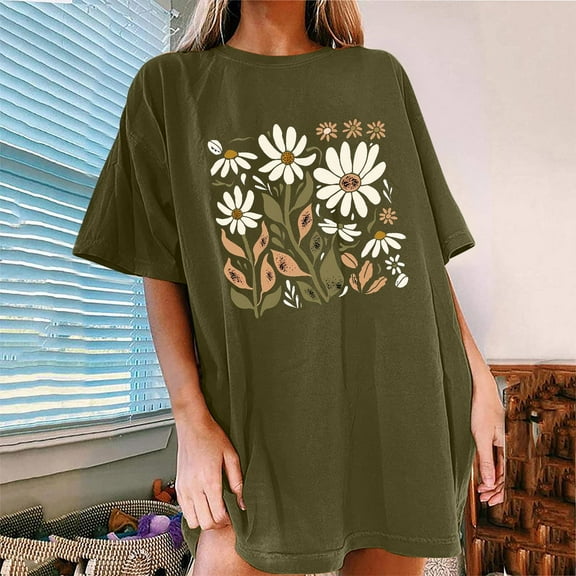 Sakmal T Shirts for Women Graphic Crew Neck Floral Short Sleeve Oversized Tops Casual T-Shirts Going Out Tops