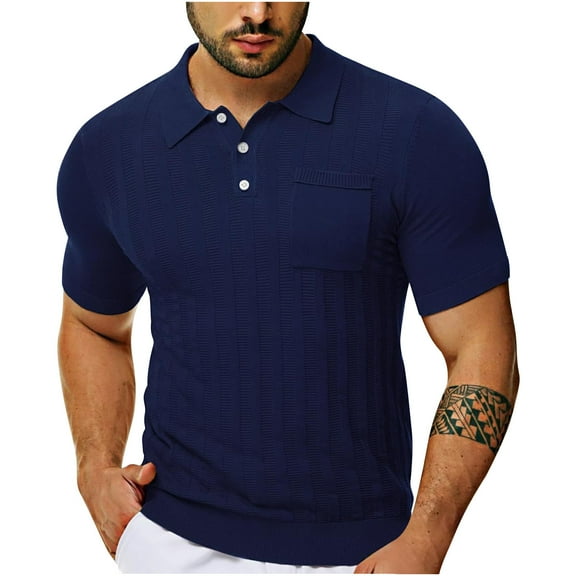 Sakmal T Shirts for Man Blue Short Sleeve Halter Solid with Pockets Classic Henley Style Three Button Henley Closure Casual Tops for Mens