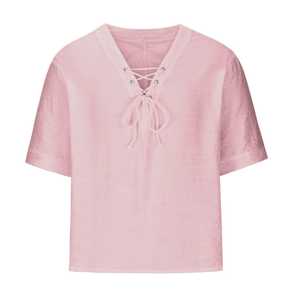 Sakmal T Shirts for Man Pink Short Sleeve V-Neck Solid Loose Fit Casual Tops for Mens