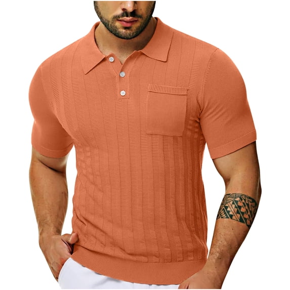 Sakmal T-Shirts for Man Short Sleeve Halter Orange Solid Classic Henley Style with Pockets Three Button Henley Closure Plus Size Summer Tops for Men