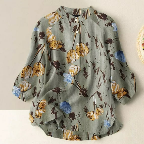 Sakmal T Shirts for Women 3/4 Sleeve Green Collared Floral Cotton and Linen Blouses T Shirts for Women