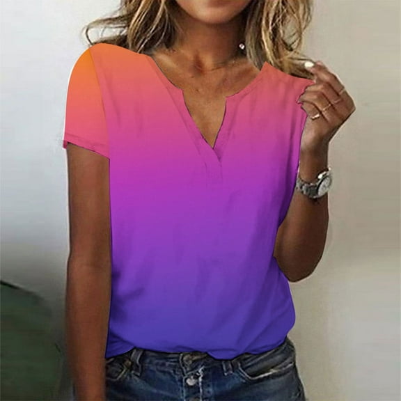 Sakmal T Shirts for Women Loose Fit V-Neck Short Sleeve Gradient shirts T-Shirts Womens Summer Tops