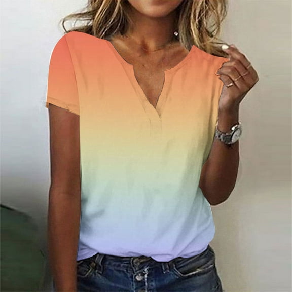 Sakmal T Shirts for Women V-Neck Short Sleeve Gradient shirts T-Shirts Womens Tops Dressy Casual