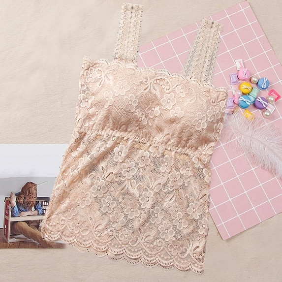 Sakmal Tank Style Womens Plus Size Bras Built-In Bra Longline Lace Tank Tops with Built In Bras Lightly Lined Beige Ladies Bra Plus Size