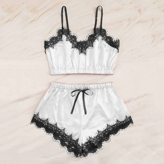 Sakmal Tank Top and Shorts Summer Pajamas for Women Set Sexy Soft Lace Pjs ,White,S