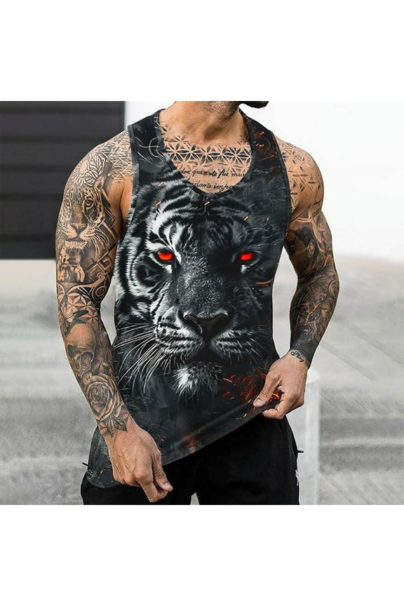 Tank Tops Plus Size for Men Black Black Scoop Neck Stringer Lightweight Camisole Graphic Lion Muscle Tunic Tops