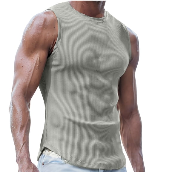 Sakmal Tank Tops Plus Size for Men Scoop Neck Gray Gray Solid Ribbed Camisole Stringer Workout Men Sleeveless T Shirts