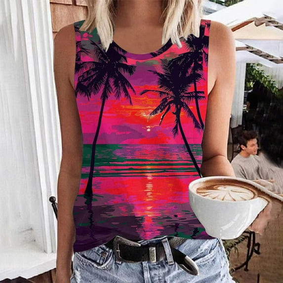 Sakmal Tank Tops for Women Pink Sleeveless Crew Neck Graphic Trendy Breathable Lightweight Sleeveless Shirts