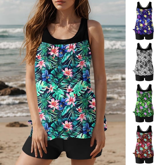 Sakmal Tankini Btahing Suits Women Full Coverage Tummy Control Swimwear Vacation Green Floral Womens Bathing Suits L