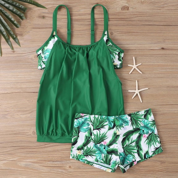 Sakmal Tankini Swimsuits Women Full Coverage Plus Size Modest Swimwear Floral Green Holiday Womens Bathing Suits XL