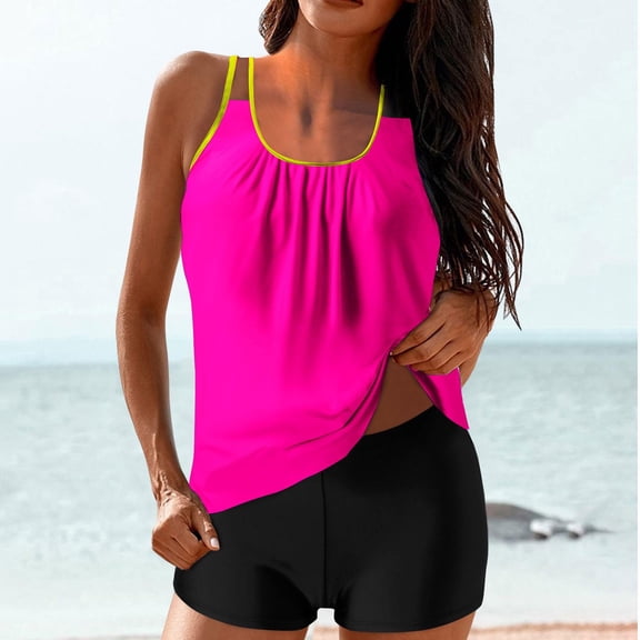 Sakmal Tankini Swimsuits Women Two Piece Full Coverage Swimwear Vacation Solid Pink Womens Swimsuits XL