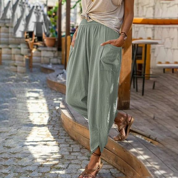 Sakmal Taper Pants for Women Pleated Strerchy Harem Cotton Linen Green Full Length Plain High Waisted Pants with Pockets