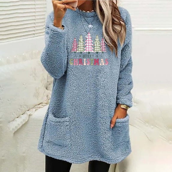 Sakmal Teacher Woemns Sweaters Blue Oversized Christmas Tunic Tops Crew Neck Loose Graphic Sweaters with Pockets