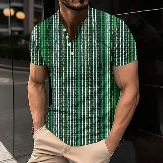 Sakmal Tee Shirts for Men Collared Short Sleeve Striped Classic Henley Style Three Button Henley Closure Tops