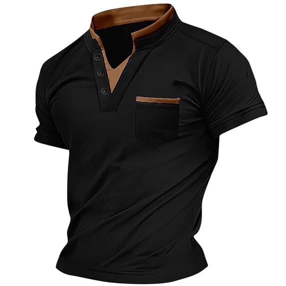 Sakmal Tee Shirts for Men Solid Collared Short Sleeve Black Three Button Henley Closure Blouse Men'S Tee