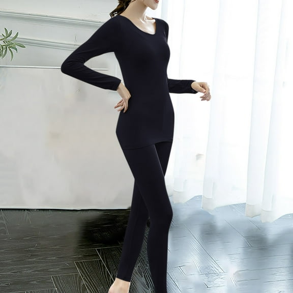 Sakmal Thermal Underwear Women Pajama Sets Warm Solid Long Sleeve Top and Pants Pjs ,Black,Free Size