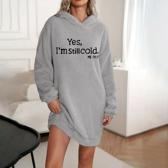 Sakmal Thickened Winter Moomoo Womens Comfy Gray Warm Short Sleepshirt Letter Print Long Sleeve Nightgowns for Women