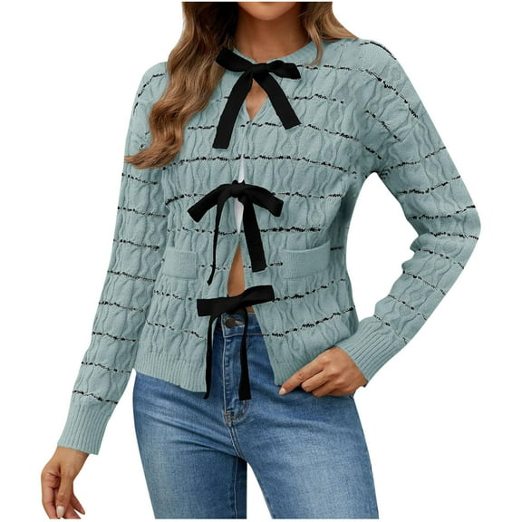 Sakmal Tie Front Cardigan Sweaters for Women Cropped Comfy Knitted Cardigan Green Long Sleeve Striped Sweater