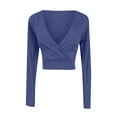 thumbnail image 1 of Sakmal Tops Blue Long Sleeve V-Neck Solid Cropped T-Shirts Womens Shirts, 1 of 3