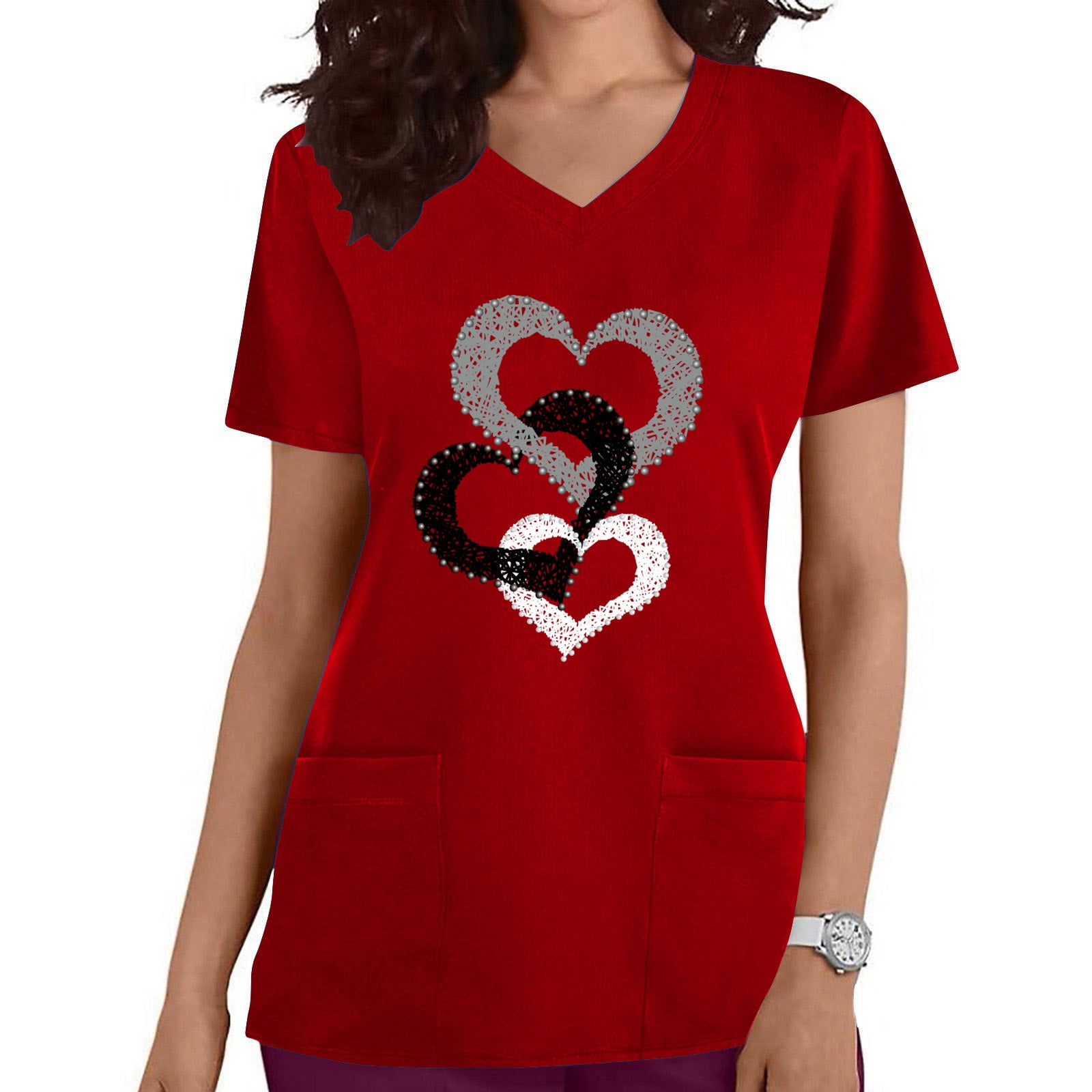 Sakmal Tops Short Sleeve Red VNeck Pocket Love Heart Nursing Uniforms