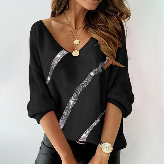 Sakmal Tops for Women Trendy 3/4 Sleeve Silver Deep V-Neck Floral Plume T-Shirts Shirts for Women