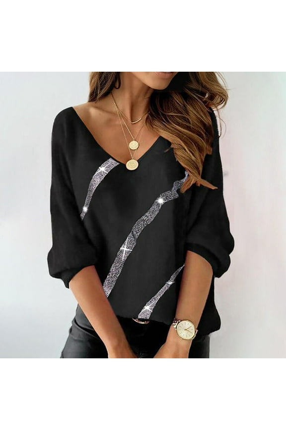 Tops for Women Trendy 3/4 Sleeve Silver Deep V-Neck Floral Plume T-Shirts Shirts for Women