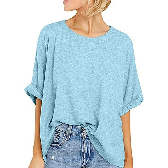 Sakmal Tops for Women Trendy Elbow-Length Blue Solid Crew Neck T-Shirts Plus Size Ladies Shirts
