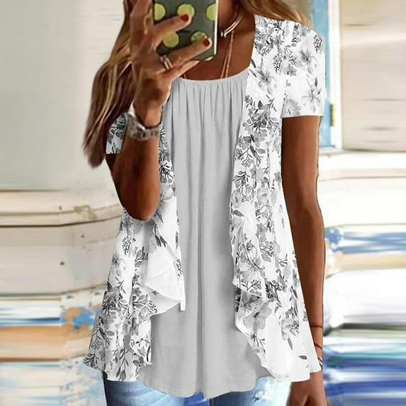 Sakmal Tops for Women Trendy Gray Short Sleeve Pleated Square Neckline Floral Tunic Womens Shirts Under $5
