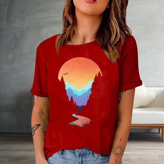 Sakmal Tops for Women Trendy Short Sleeve Graphic Crew Neck T-Shirts Shirts for Women
