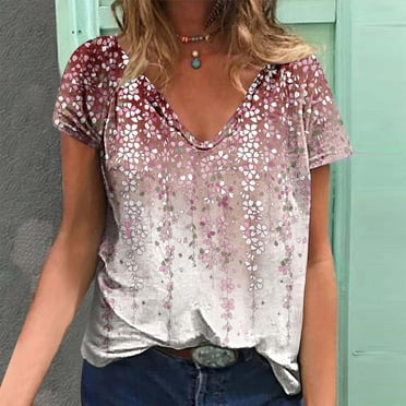 Sakmal Tops for Women Trendy Short Sleeve Red Floral Deep V-Neck T-Shirts Womens Shirts Clearance