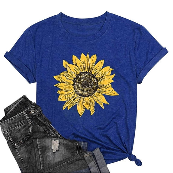 Sakmal Tops for Women Trendy Short Sleeve Sunflower Crew Neck Graphic T-Shirts Plus Size Ladies Shirts