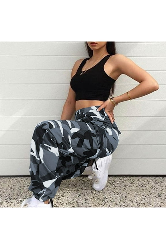 Travel Women's Pants Hiking Cargo Jogger Khaki High Waisted Full Length Gray Camo Pants with Pockets