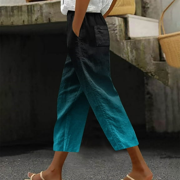 Sakmal Trendy Capri Pants for Women Vacation Blue Taper Drawstring High Waisted Gradient 7/8th Capris