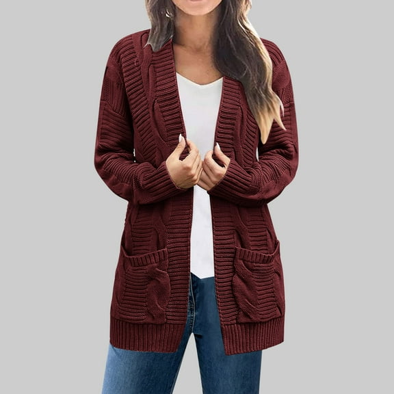 Sakmal Trendy Cardigan Sweaters Women Plus Size Loose Open Front Cardigan Long Sleeve Red Sweater Top with Pockets