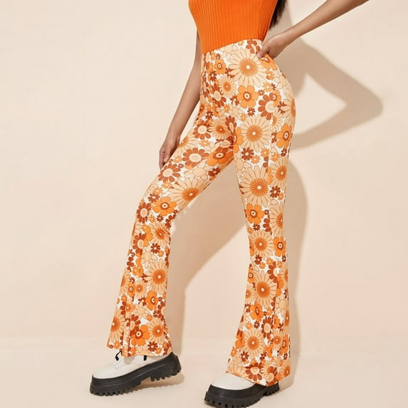 Sakmal Trendy Pants Women Plus Size Girlfriend Streetwear Flare Leg Full Length Floral Yellow High Waisted Pants