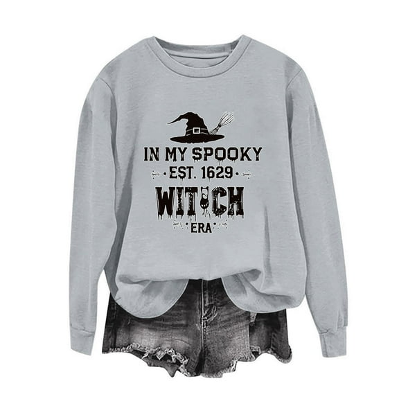Sakmal Trendy Sweatshirts for Women Gray Halloween Holiday Sweatshirts Witch Hat Soft Fall Fashion Tops