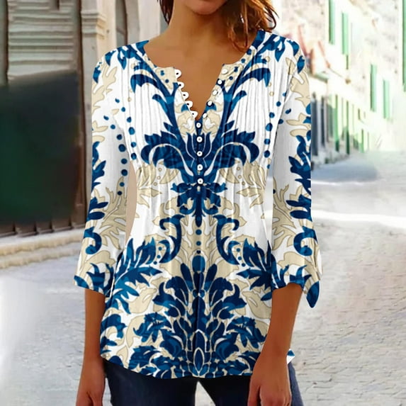 Sakmal Trendy Tops for Women 2024 3/4 Sleeve Pleated V-Neck Bell Sleeves Floral Tunic Womens Shirts Plus Size