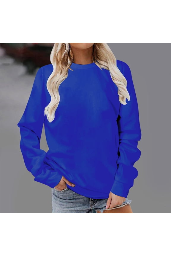 Trendy Tops for Women 2024 Blue Long Sleeve Crew Neck Solid Sweatshirts Womens Shirts Plus Size