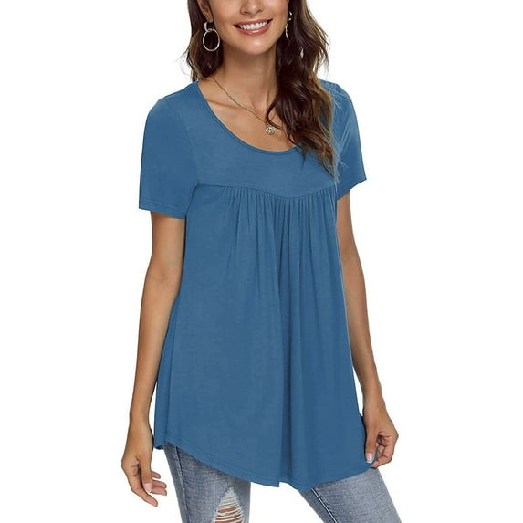 Sakmal Trendy Tops for Women 2024 Short Sleeve Blue Solid Square Neckline Pleated Tunic Womens Shirts Under $5