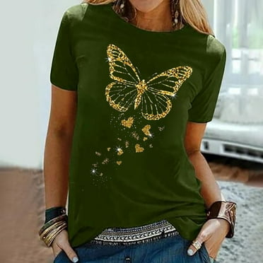Sakmal Trendy Tops for Women 2024 Short Sleeve Crew Neck Butterfly Graphic T-Shirts Womens Shirts Under $5
