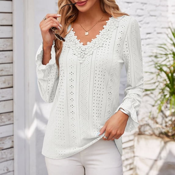 Sakmal Trendy Tops for Women 2024 White Long Sleeve Lace Solid Hollow V-Neck T-Shirts Womens Shirts for Summer