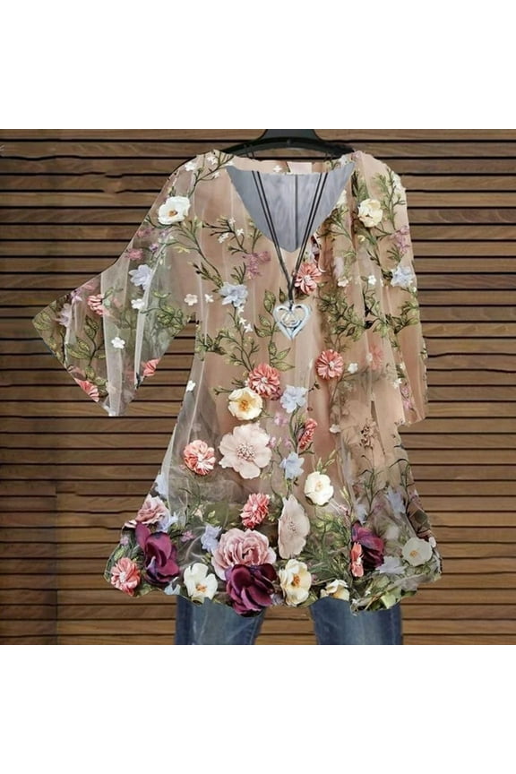 Trendy Tops for Women 2024 Yellow Elbow-Length Floral Chiffon V-Neck Tunic Womens T Shirts