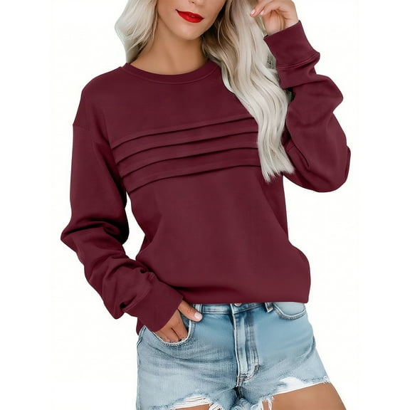 Sakmal Trendy Women Shirts Ruched Plus Size Garnet Sweatshirts Solid Long Sleeve Crew Neck Blouses for Women