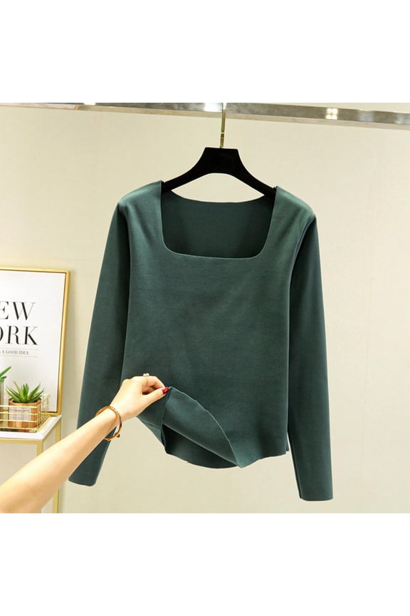 Trendy Women's Blouses Green Undershirts Square Neckline Solid Long Sleeve Blouses for Women