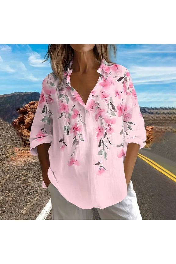 Trendy Womens Blouses Plus Size Button Down Pink Tops V Neck Floral Long Sleeve Tops for Women