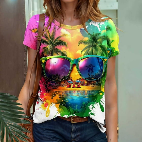 Sakmal Tropical Shirts for Women Beach Short Sleeve Crew Neck Hawaiian Shirts Womens Workout Tops